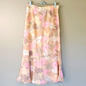 Sag Harbor long women's skirt. Tan with floral design. Ruffled bottom. Size 12P